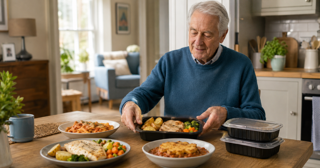 Older man choosing from a selection of delivered ready meals at a kitchen table