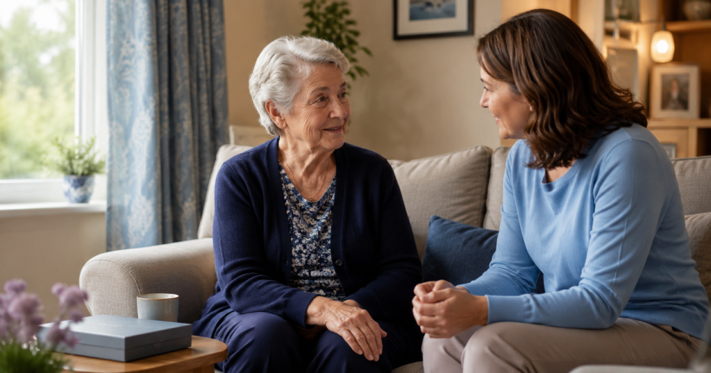 Older adult discussing continence care privately with a family carer at home
