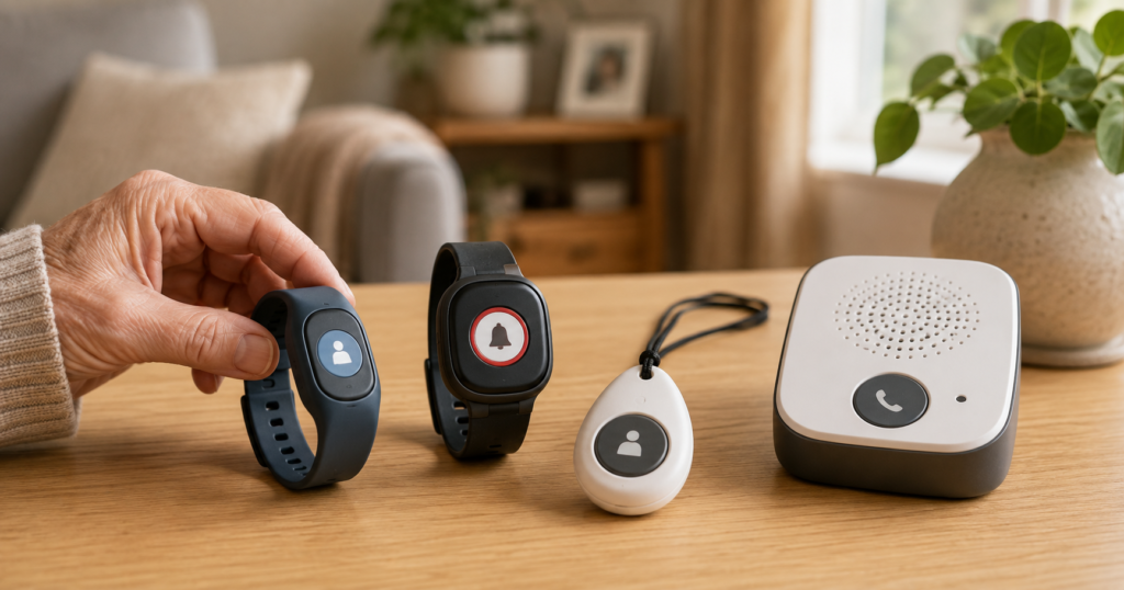 Personal alarm watches, pendant alarm and home base unit for older people