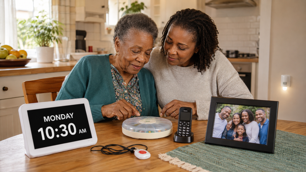 Older woman and her daughter using dementia-support devices at home