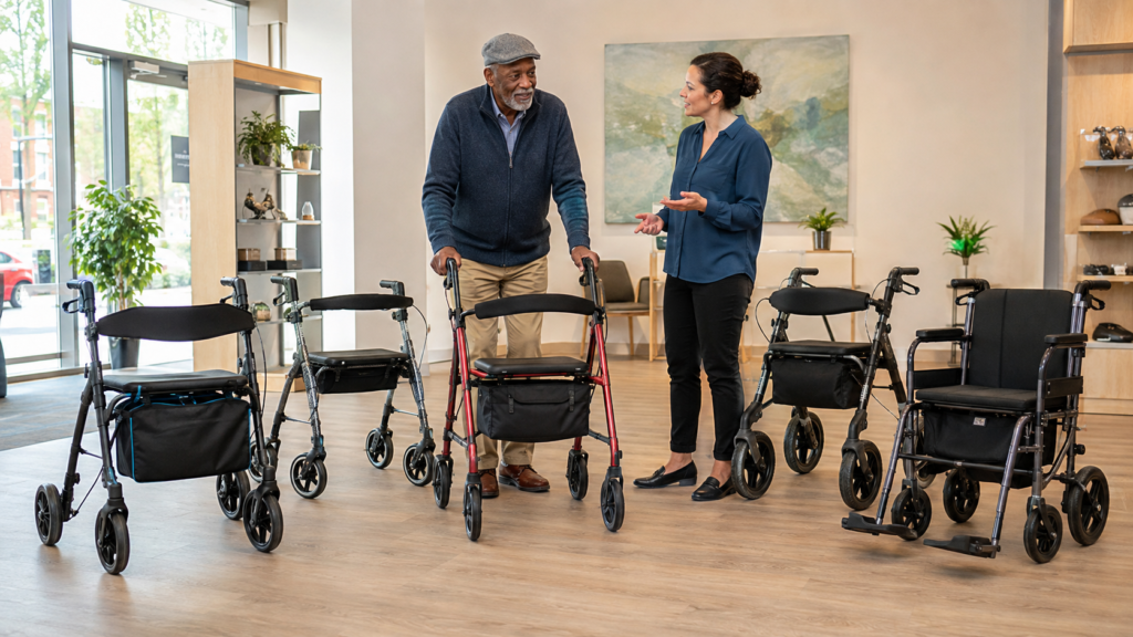 Older man comparing rollators and walking frames in a UK mobility showroom