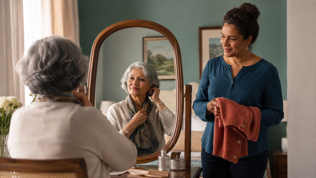Dignity and Respect: What They Look Like in Real Life An older woman adjusting her scarf while a care worker supports respectfully nearby