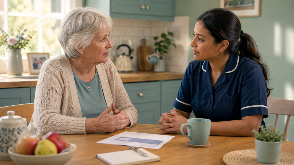 Safeguarding Explained Through an Everyday Story. An older woman discussing a household bill with a care worker at her kitchen table