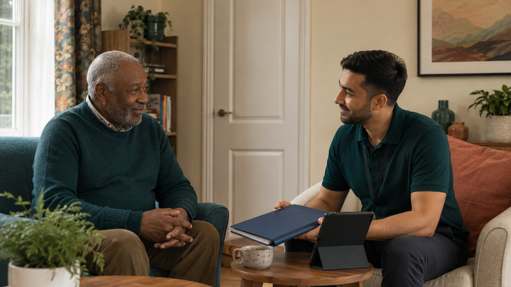 An older man having a private conversation with a care worker handling care information securely