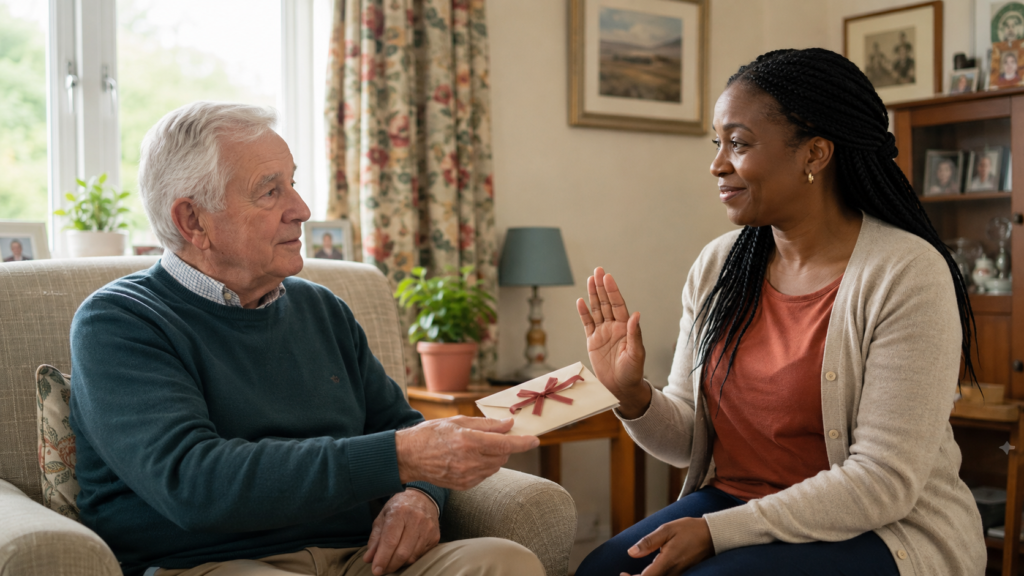 An older man offering a gift envelope while a care worker maintains a respectful professional boundary