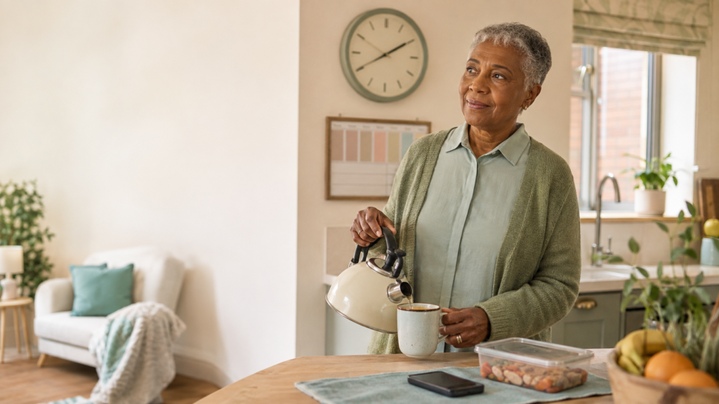 Older woman pouring tea in her kitchen, with a mobile phone and prepared meal on the table.