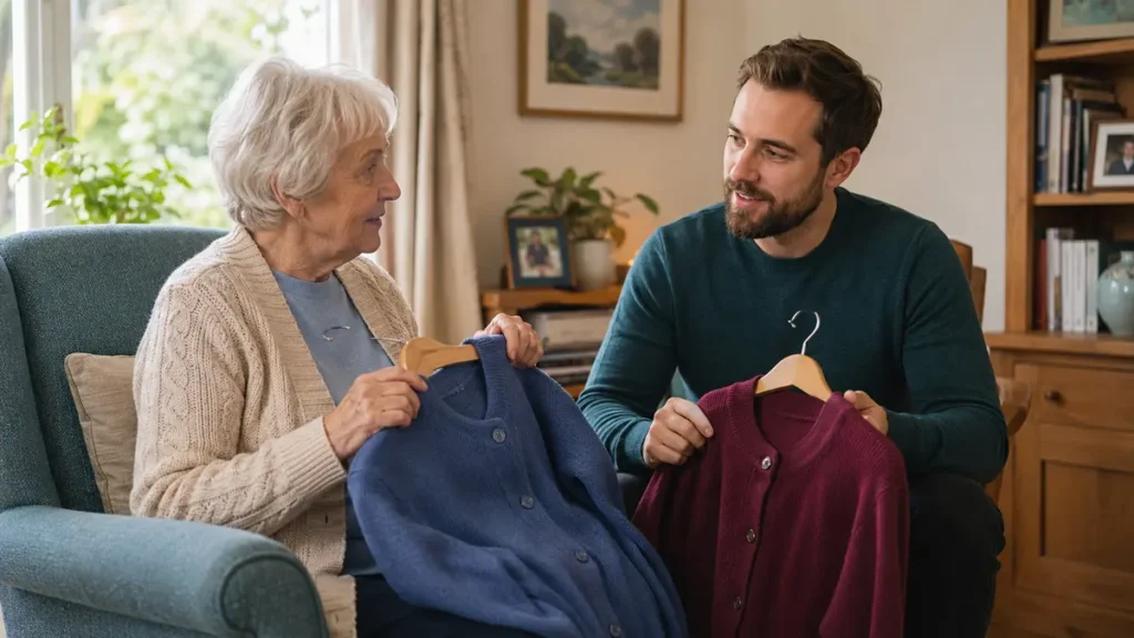 Understanding the Principles of Care Like You’re Five An older woman choosing between two cardigans with support from a care worker