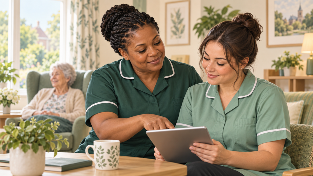 Senior carer mentoring a care assistant while reviewing a care plan