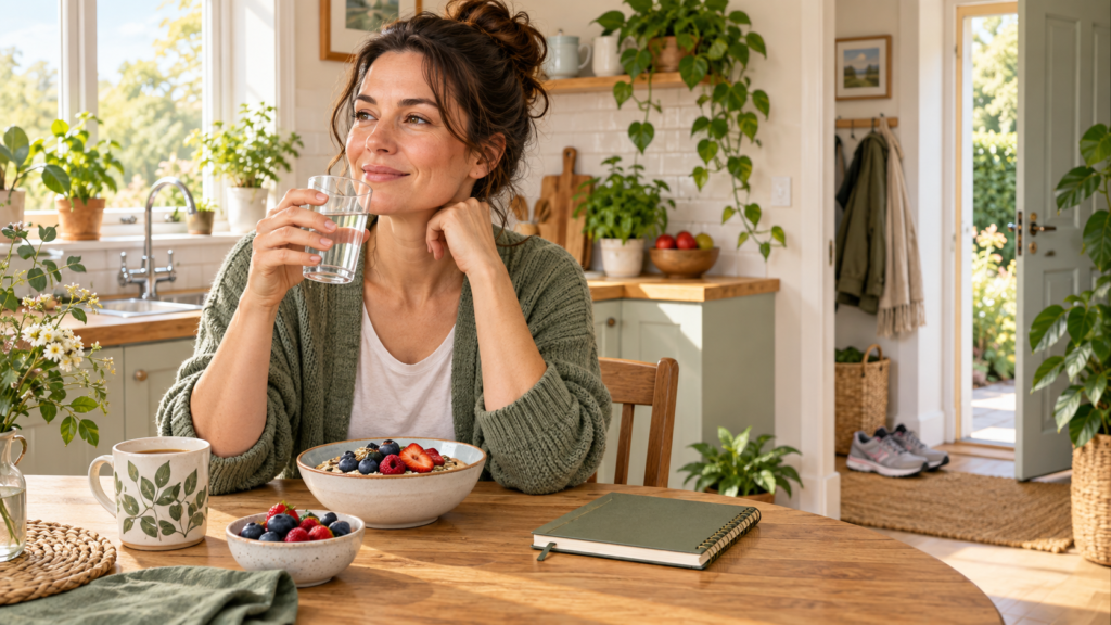 Woman drinking water beside a healthy breakfast in a bright kitchen