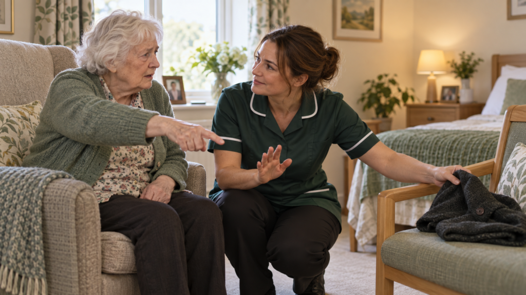 Carer reassuring an older woman who has mistaken clothing for a cat
